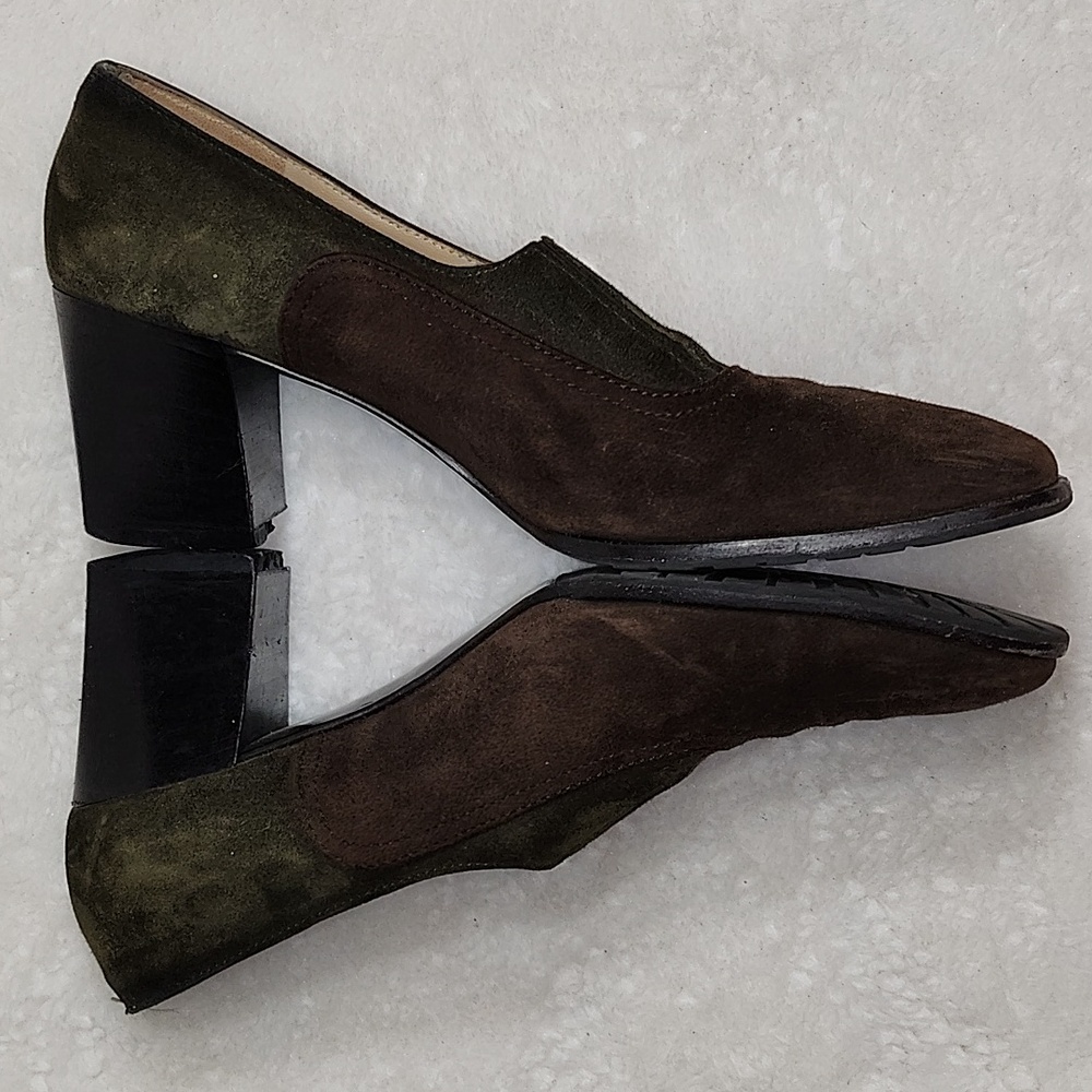 SalvatoreFerragamo Albia Vintage Chocolate Brown Green Suede Heel Loafers Sz8.5 - Picture 3 of 16